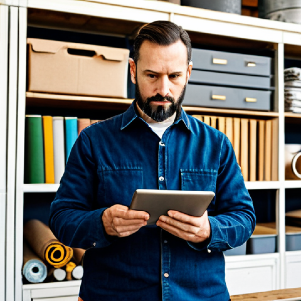 A professional upcycling entrepreneur, fully clothed in modest, practical workshop attire, stands in a clean, well-organized upcycling workshop. Labeled shelves filled with various unique vintage materials like wood pieces, fabric rolls, and metal objects are visible in the background. The entrepreneur holds a tablet, actively managing inventory, with a thoughtful expression. The scene is illuminated by natural light. Perfect anatomy, correct proportions, natural pose, well-formed hands, proper finger count, natural body proportions, professional photography, high quality, safe for work, appropriate content, fully clothed, family-friendly.