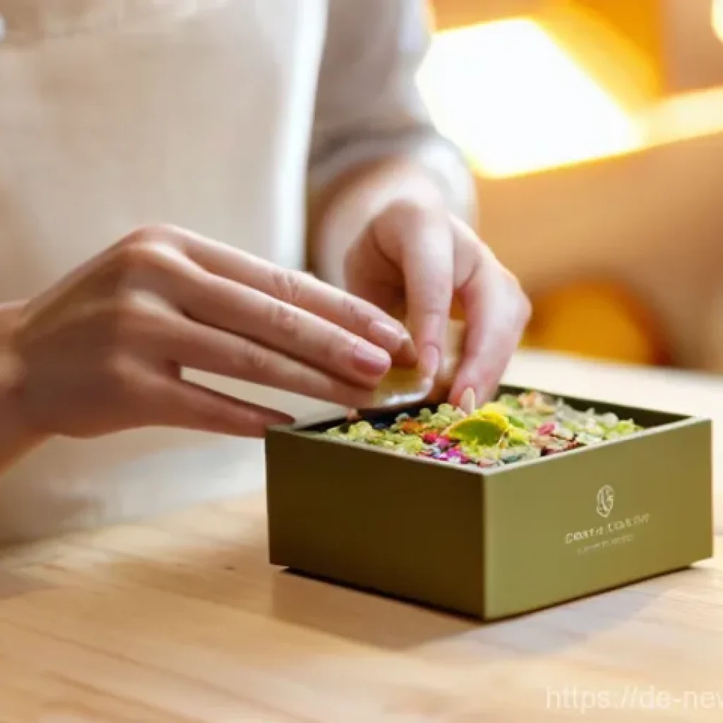 업사이클링 제품 패키징의 중요성 - **Prompt 1: Artisan's Delicate Touch with Petal-Infused Upcycled Packaging**
A close-up, eye-lev...