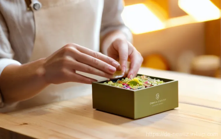 업사이클링 제품 패키징의 중요성 - **Prompt 1: Artisan's Delicate Touch with Petal-Infused Upcycled Packaging**
    A close-up, eye-lev...