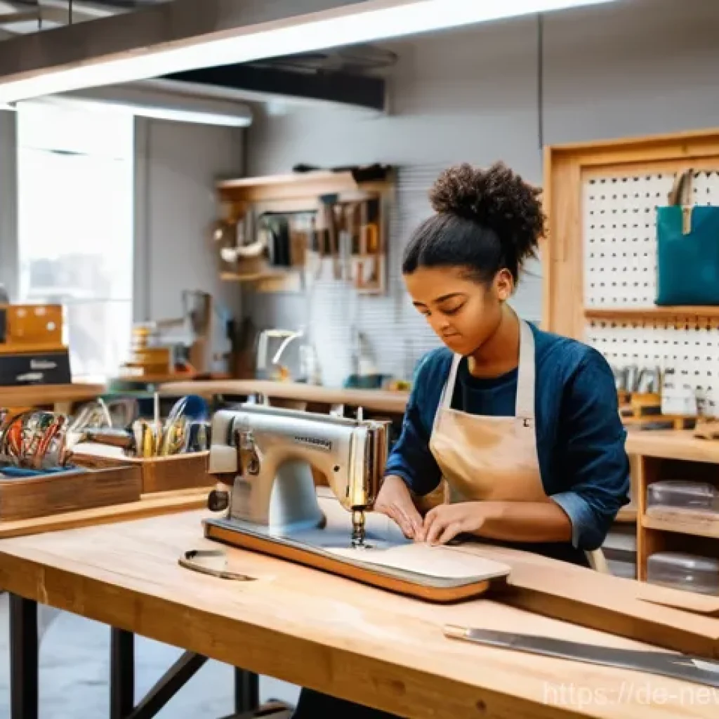 업사이클링 스타트업 창업을 위한 필수 팁 - A brightly lit, modern workshop space. In the foreground, a young, focused artisan, wearing a stylis...