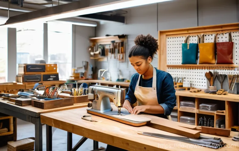업사이클링 스타트업 창업을 위한 필수 팁 - A brightly lit, modern workshop space. In the foreground, a young, focused artisan, wearing a stylis...