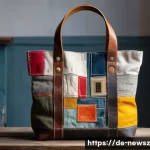 업사이클링 제품의 사용 후기 활용하기 - A stylish, handcrafted upcycled tote bag made from worn, colorful sailcloth patches with visible sti...