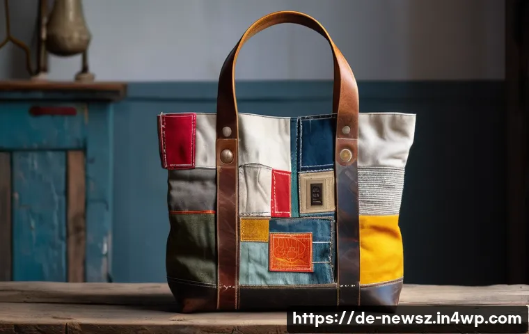 업사이클링 제품의 사용 후기 활용하기 - A stylish, handcrafted upcycled tote bag made from worn, colorful sailcloth patches with visible sti...