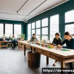 Home 22 업사이클링 스타트업의 고객 맞춤형 마케팅 - A cozy, modern workshop scene in a bright Berlin studio where a diverse group of young urban creativ...