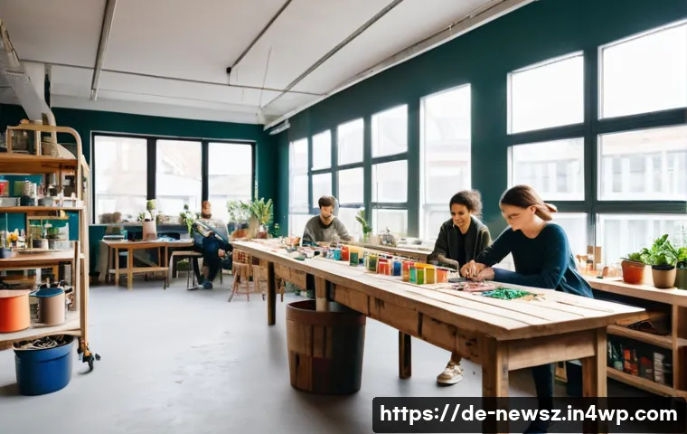 업사이클링 스타트업의 고객 맞춤형 마케팅 - A cozy, modern workshop scene in a bright Berlin studio where a diverse group of young urban creativ...