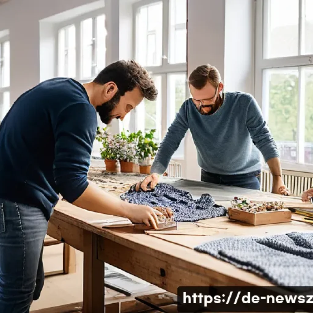 업사이클링 스타트업의 실수와 교훈 - A modern upcycling startup workshop scene in Germany, showing diverse team members in casual sustain...