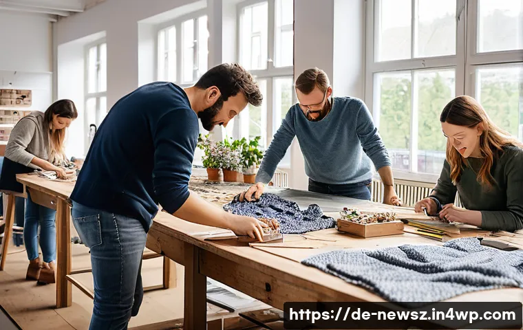 업사이클링 스타트업의 실수와 교훈 - A modern upcycling startup workshop scene in Germany, showing diverse team members in casual sustain...