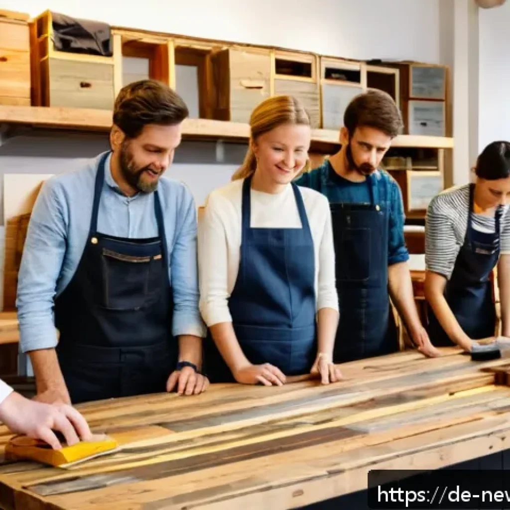 업사이클링 스타트업의 고객 니즈 이해하기 - A cozy Berlin workshop scene showing a diverse team of artisans crafting upcycled furniture from rec...