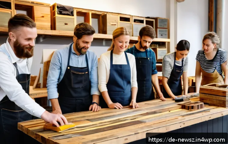 업사이클링 스타트업의 고객 니즈 이해하기 - A cozy Berlin workshop scene showing a diverse team of artisans crafting upcycled furniture from rec...