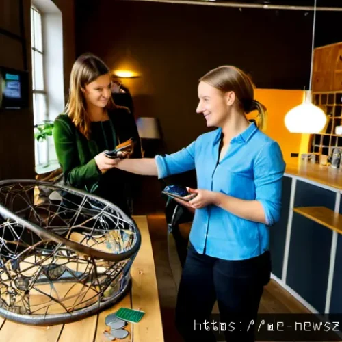 업사이클링 스타트업의 소비자 트렌드 변화 - Photorealistic Berlin upcycling startup showroom, diverse young German consumers browsing stylish fu...